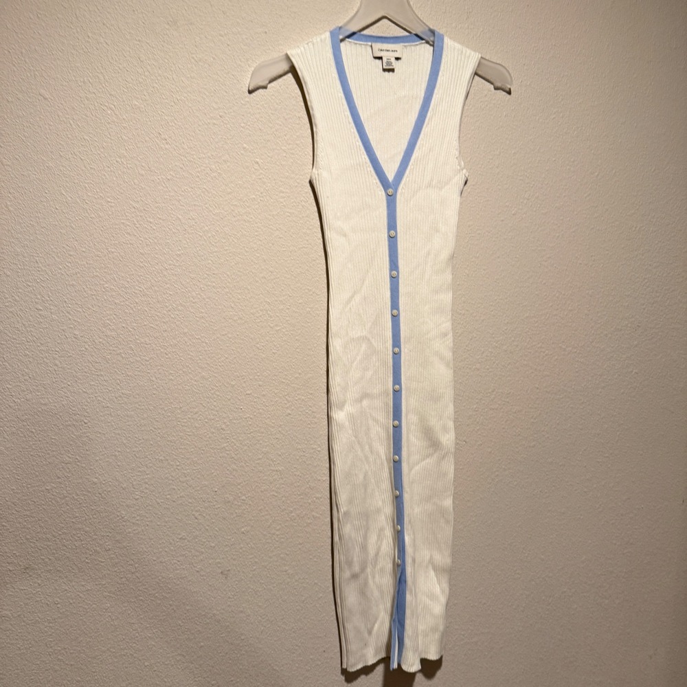 Calvin Klein Jeans Womens Ribbed Knit Button Front Midi Dress Cream Blue Small - Picture 7 of 8